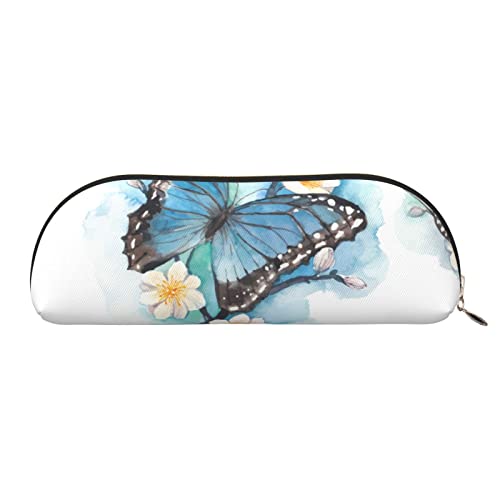 Blaue Aufbewahrungstasche aus Leder mit Schmetterling auf Blüte, halbrund, stilvolle und funktionale Bleistifttasche, Aufbewahrungstasche, Make-up-Tasche, Mehrzweck-Organizer-Tasche, vielseitige von JONGYA