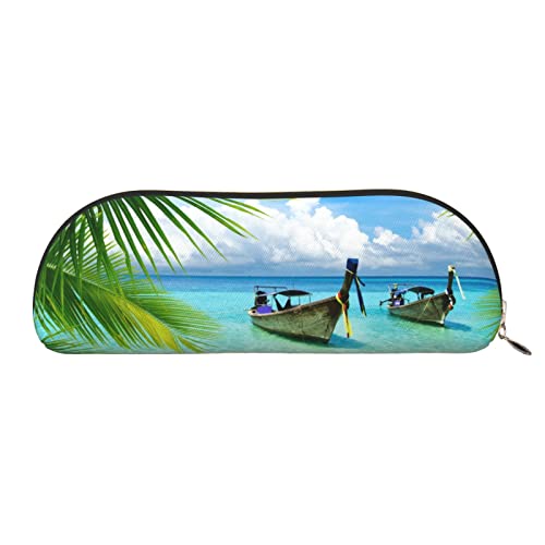 Seaside Boat Coconut Leaves Leather Halbrunde Aufbewahrungstasche – Stilvolle und funktionale Bleistifttasche, Aufbewahrungstasche, Make-up-Tasche, Mehrzweck-Organizer, Tasche, vielseitige von JONGYA