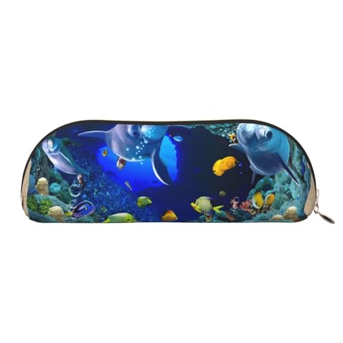 Underwater World Blue Marine Life Leder-Aufbewahrungstasche, halbrund, stilvolle und funktionale Bleistifttasche, Aufbewahrungstasche, Make-up-Tasche, Mehrzweck-Organizer, vielseitige Make-up-Tasche, von JONGYA