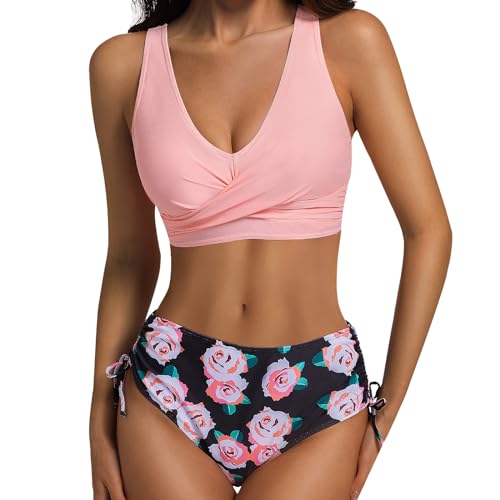 JONRRYIN Damen Bikini Set Zweiteiliger Push Up Badeanzug V Ausschnitt Kordelzug Side High Waist Bademode Blumenmuster Swimsuit Sommer Strand von JONRRYIN