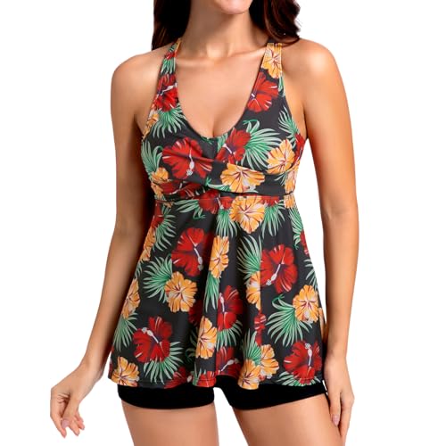 JONRRYIN Tankini Damen Bademode Set, Tankini Oberteil Damen Einzeln mit Badeshorts, Tankini Damen Push Up mit Bügel, Elegant Zweiteiler Edruckter Tankinis mit Shorts Sets für Damen (L) von JONRRYIN