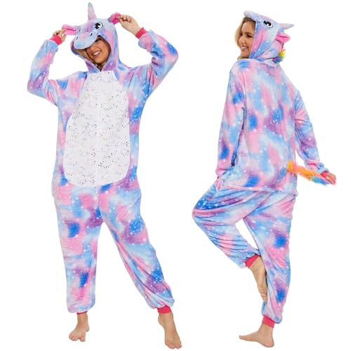 JONRRYIN Unisex Pyjama Jumpsuit, Costume Onesie Pyjamas Erwachsene, Pyjama Tier Kostüm Einhorn Damen Mädchen Männer Herren, Animal Outfit Pyjamas, Schlafanzug Flanell Karneval Tierkostüm Erwachsene von JONRRYIN