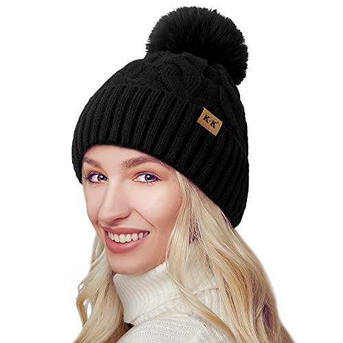 JORYEE Winetermütze Damen - Mütze Damen Winter Warme Gestrickte Beanie Chunky Kabel Strickmütze mit Pompom Fleecefutter Dicke Bommelmütze für Frauen von JORYEE