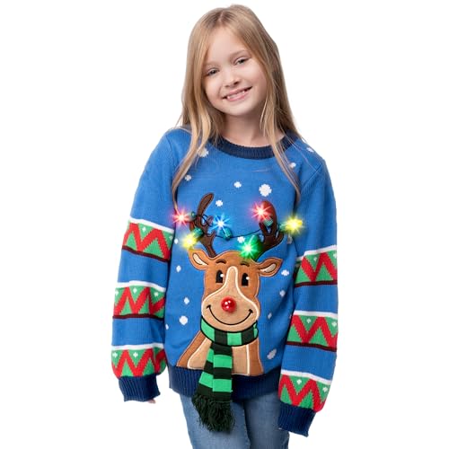 JOYIN Kinder-Weihnachtspullover mit LED-Beleuchtung, Rentier, hässlicher Weihnachtspullover, eingebaute Glühbirnen für Mädchen und Jungen (Blau M) von JOYIN