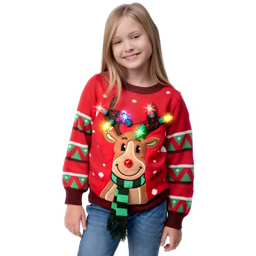 JOYIN Kinder-Weihnachtspullover mit LED-Beleuchtung, Rentier, hässlicher Weihnachtspullover, eingebaute Glühbirnen für Mädchen und Jungen (Rot S) von JOYIN