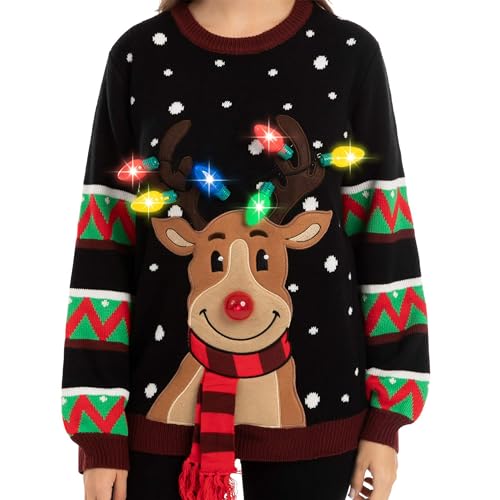 JOYIN Womens LED Light Up Reindeer Ugly Christmas Sweater Eingebaute Glühbirnen (Schwarz, Mittel) von JOYIN