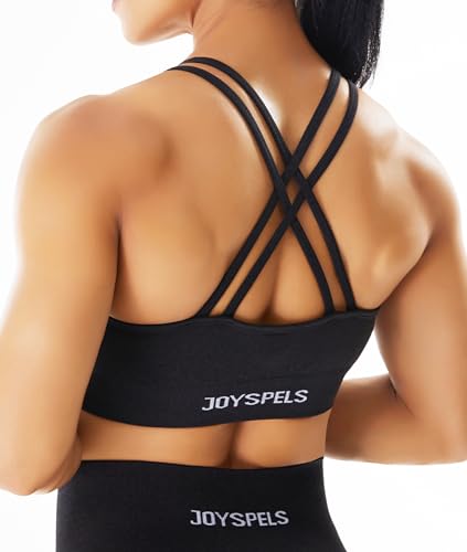 JOYSPELS Nahtloser Sport-BH für Damen, Riemen, Workout, Yoga, BH, mittlere Unterstützung, Schwarz, Medium von JOYSPELS