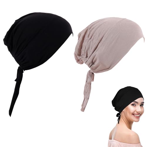 Kopftuch Damen 2er Pack Turban Damen Frauen Undercap Hijab Cap, Hijab Women Adjustable Islamic Muslim Underscarf Hijab Cap Mit Tie Back Solid Color Hijab Mütze Kopfbedeckung Chemo Damen von JPESYGFDK