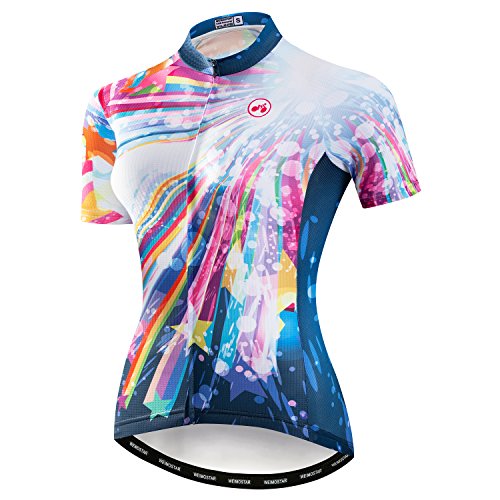 Damen Radfahren Kurzarm Jersey Fahrrad Kleidung Blumen Jacke mit großem reflektierendem Band, regenbogenfarben, Klein von JPOJPO