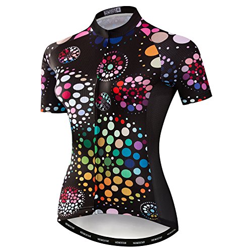 Damen Radfahren Kurzarm Jersey Fahrrad Kleidung Blumen Jacke mit großem reflektierendem Band, Schwarze Punkte, Mittel von JPOJPO