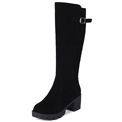 JR.catning Damen Blockabsatz Kniestiefel Mit Schnalle Damen Plateau Overknees Stiefel Damen Runde Zehen Reißverschluss Kniestiefel Schwarz Gr 44 EU/46Cn von JR.catning