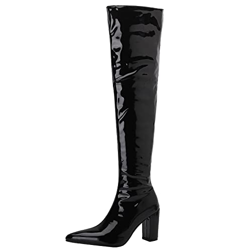 JR.catning Damen Blockabsatz Overknees Stiefel Pointed Toe Side Reißverschluss Overknees Boots Schwarz Gr 44 EU/46Cn von JR.catning