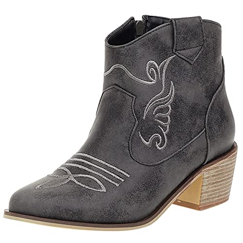 JR.catning Damen Chunky Heel Stiefeletten Mode Enbroidery Westernstiefel Damen Westernabsatz Side Reißverschluss Stiefeletten Schwarz Gr 37 EU/38Cn von JR.catning