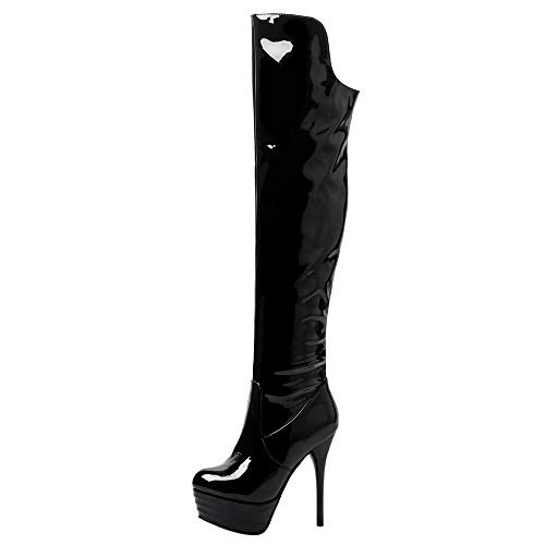 JR.catning Damen Höhe Ferse Plateau Overknees Stiefel Ohne Verschluss Runde Zehen Overknees Boots Damen Mode Party Kniestiefel Side Reißverschluss Schwarz Gr 38 EU/39Cn von JR.catning