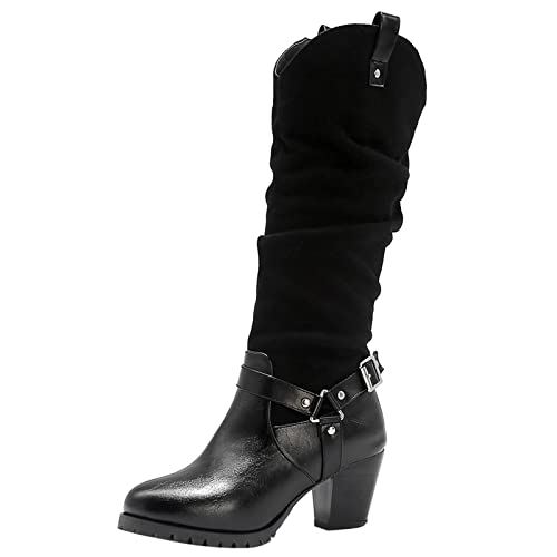 JR.catning Damen Klassischer Slouch Stiefel Mit Schnalle Damen Westernabsatz Slouch Stiefel Damen Mitte Absatz Ohne Verschluss Westernstiefel Schwarz Gr 40 EU/41Cn von JR.catning