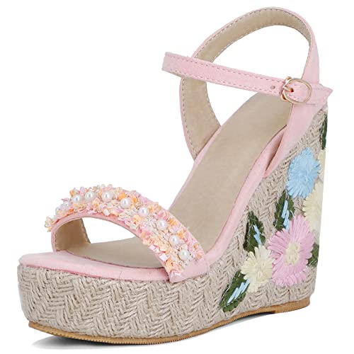 JR.catning Damen Knöchelriemchen Sandalen Klassischer Espadrille Keilabsatz Sandalen Leisure Sommer Espadrille Plateau Sandalen Pink Gr 37 EU/38Cn von JR.catning