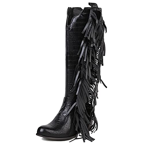 JR.catning Damen Mode Tassles Overknees Stiefel Damen Westernstiefel Westernstiefel Damen Runde Zehen Winter Kniestiefel Damen Hohe Stiefel Schwarz Gr 38 EU/39Cn von JR.catning