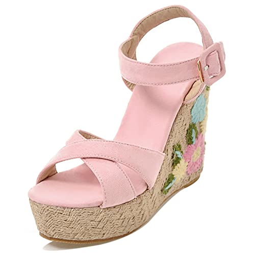 JR.catning Damen Offene Zeh Plateau Sandalen Klassischer Espadrille Keilabsatz Sandalen Knöchelriemchen Sandalen Pink Gr 45 EU/47Cn von JR.catning