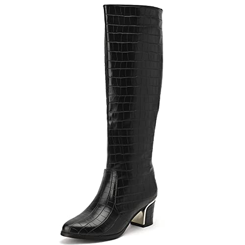 JR.catning Damen Ohne Verschluss Hohe Stiefel Damen Blockabsatz Overknees Stiefel Damen Mode Abend Kniestiefel Damen Runde Zehen Winter Overknees Stiefel Schwarz Gr 39 EU/40Cn von JR.catning