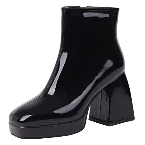 JR.catning Damen Reißverschluss Stiefeletten Damen Plateau Stiefeletten Damen Abend Blockabsatz Stiefeletten Schwarz Gr 39 EU/40Cn von JR.catning