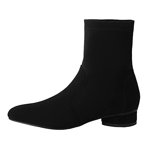 JR.catning Damen Runde Zehen Stretch Stiefel Damen Blockabsatz Abend Stretch Stiefel Damen Ohne Verschluss Wildleder Stretch Schwarz-Dl Gr 42 EU/44Cn von JR.catning