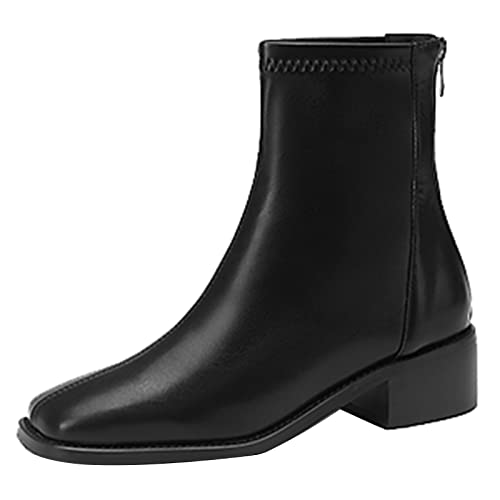 JR.catning Damen Square Toe Stiefeletten Damen Blockabsatz Stiefeletten Damen Reißverschluss Abend Stiefeletten Schwarz Gr 38 EU/39Cn von JR.catning