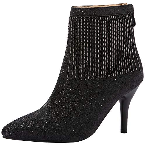 Jr.Catning Damen Back Reißverschluss Stiefeletten Damen Mode Quasten Stiefeletten Damen Party Glitzer Stiefeletten Klassischer Stiletto Stiefeletten Schwarz Gr 39 EU/40Cn von JR.catning