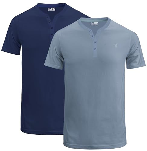 JRC 2er-Pack Herren-Henley-T-Shirts mit halben Ärmeln, leichte Henley-Oberteile für Fitnessstudio, Laufen und Freizeitausflüge (Marineblau, Steinblau, 2XL) von JRC Just Royal Clothing