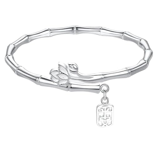 Armbänder Für Damen – Modischer Armreif Mit Bambus-Lotus-Anhänger Für Damen-Armband, Trendiger S925-Armreif, Damenschmuck, Offen, Weiß, Verstellbar von JRZEOCI