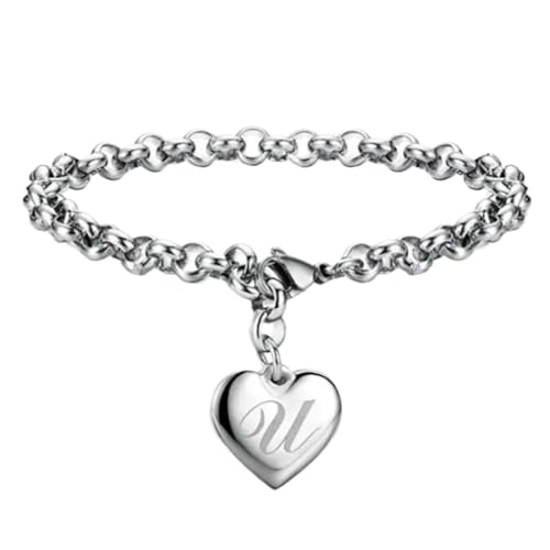 JRZEOCI Armreif Für Damen, 925Er-Silber, Modischer Klassiker, Alphabet-Buchstaben „U“, Charm-Armreif, Temperament, Hochzeit, Verlobung, Schmuck-Accessoires, Weiß, 18 Cm von JRZEOCI