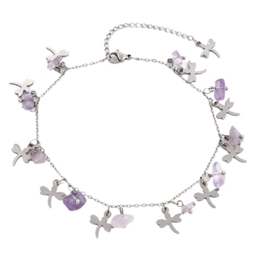 JRZEOCI Böhmische Fußkettchen Mit Amethystperlen – Fußkettchen-Armband Mit Libellen-Anhänger, Hand- Und Fußschmuck Mit Doppeltem Verwendungszweck Für Körperschmuck-Accessoires F von JRZEOCI