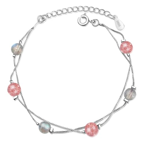 JRZEOCI Erdbeerkristall-Charm-Armbänder 925 Für Frauen – Verstellbarer Doppellagiger Armreif Mit Mondstein-Anhänger, Elegante, Einfache Handkette, Schmuck Für Paar Und Freunde, Wei von JRZEOCI