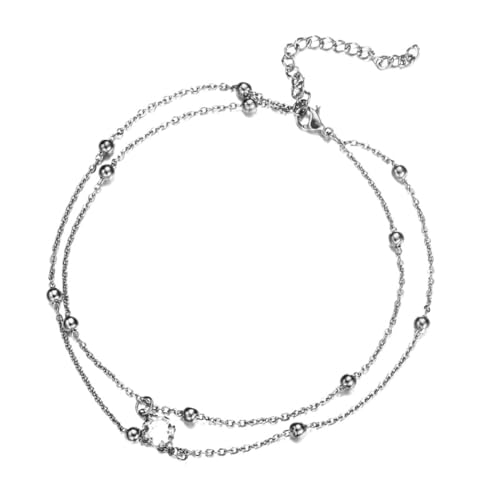 JRZEOCI Klassische Fußkettchen - Doppellagige, Runde Kristallanhänger, Verstellbare Fußkette, Strand-Fußkette, Schmuck-Accessoires Für Frauen Und Mädchen, Weiß, Verstellbar von JRZEOCI