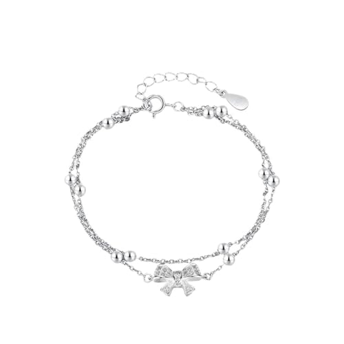 JRZEOCI S925-Armband Für Damen – Doppellagiges Verstellbares Armreif Mit Fliege Und Kristallanhänger, Hochzeit, Verlobung, Luxus, Feines Armband, Schmuckzubehör, Weiß, Verstellbar von JRZEOCI