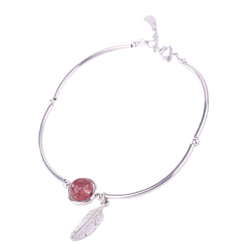 JRZEOCI S925 Armband Für Damen – Erdbeerkristall-Feder-Charm-Armreif, Exquisite Verstellbare Gliederkette, Modisches, Schlichtes Armband, Schmuckzubehör, Partygeschenk, Weiß, Verstel von JRZEOCI