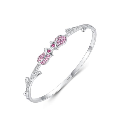 JRZEOCI S925 Armreif - Funkelnde Rosa Rose Mit Diamanten, Freundschaftsarmband, Schmuckzubehör Für Frauen Und Mädchen, Festgeschenke, Wie Abgebildet, 18 Cm von JRZEOCI