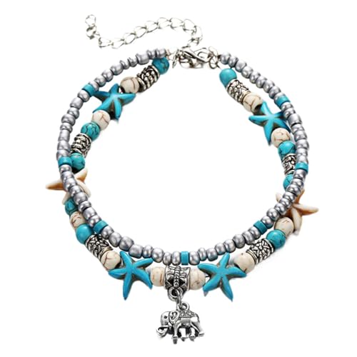 JRZEOCI Zierliche, Süße Fußkettchen Mit Elefanten-Charm Für Damen – Mehrlagiges, Verstellbares Fußkettchen-Armband Mit Perlen, Strand-Barfuß-Sandalen-Fußkette, Schmuck, 22,5 Cm von JRZEOCI