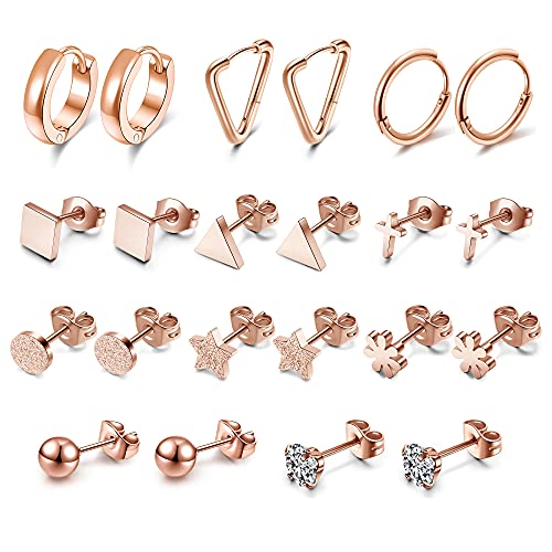 JSDDE 11 Paare Edelstahl Ohrringe Set für Damen Mädchen Stern Kreuz Blumen Kugel Ohrstecker Geometrische Creolen Ohrringe Einfacher Knorpel Tragus Helix Ohr Piercing (Rosegold) von JSDDE