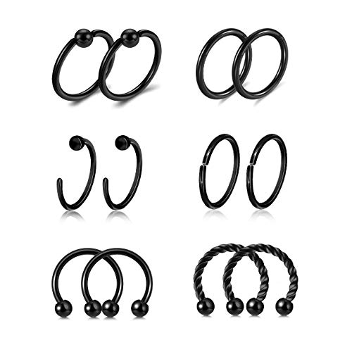 JSDDE 12 Stücke Nasenpiercing Ring Edelstahl Nasenring Piercing Knorpel Daith Reifen Septum Piercing Fake Nose Ring Schwarz Piercing Schmuck für Damen Herren von JSDDE