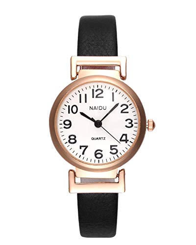 JSDDE Uhren Klassische Damen Armbanduhr Arabische Ziffer Damenuhr Lederband Uhr Analog Quarzuhr Retro Uhr Schwarz für Frauen Damen Mädchen(Schwarz) von JSDDE