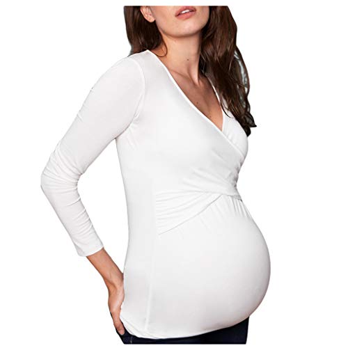 Frauen Schwangere Nusring Umstandsbluse V-Ausschnitt Langarm Tops Solide Rüschen Bluse Top, weiß, M von JSijepa