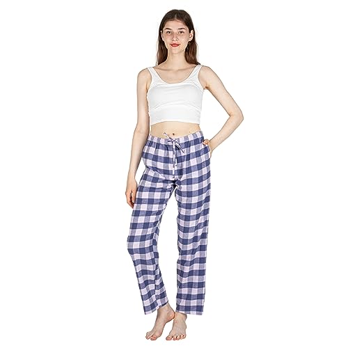 JTPW Damen 100% Baumwolle Super Soft Flanell Pyjama/Lounge Bottoms mit Taschen,Blue Pink Plaid,Size:M von JTPW