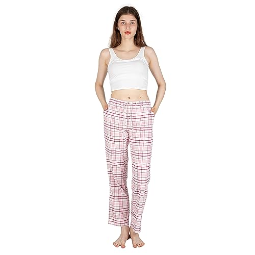 JTPW Damen 100% Baumwolle Super Soft Flanell Pyjama/Lounge Bottoms mit Taschen,Burgundy Pink Plaid,Size:L von JTPW