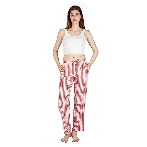 JTPW Damen 100% Baumwolle Super Soft Flanell Pyjama/Lounge Bottoms mit Taschen,Red Cream Stripe,Size:S von JTPW