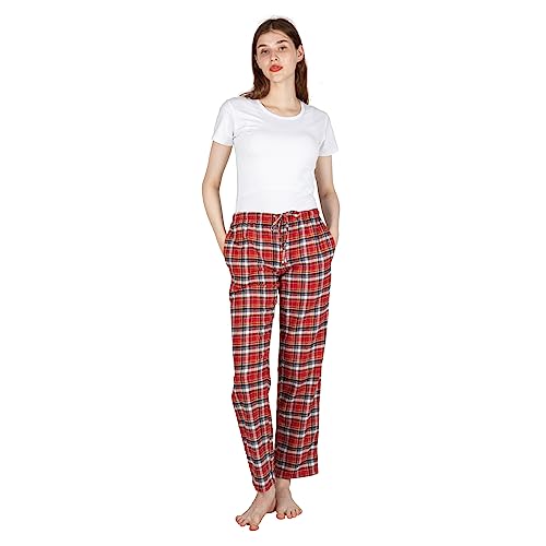 JTPW Damen 100% Baumwolle Super Soft Flanell Pyjama/Lounge Bottoms mit Taschen,Red Navy White Plaid,Size:L von JTPW