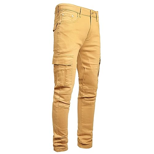 Herren Slim Fit Stretch Jeans Ripped Skinny Jeans für Männer, Mode Straight Leg Comfort Flex Taille Cargo Denim Pants, F#dark Khaki, 48 von JUNBAOSS