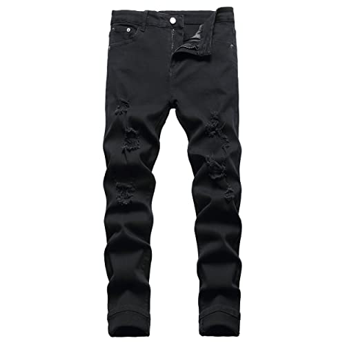 JUNBAOSS Herren Slim Fit Stretch Jeans Ripped Skinny Jeans für Männer, Distressed Straight Leg Mode Comfort Flex Waist Pants, C#Black Ripped, 48 von JUNBAOSS