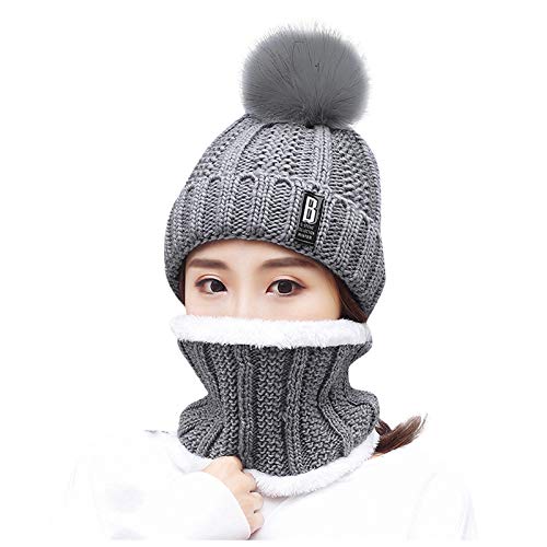JUST Beanie Women's Winter Hat Warm Loop Scarf and Knitted Hat Set Knitted Scarf Windproof Skull Cap with Fleece Lining for Outdoor Sports Pullover Windproof Ear Flaps (One-size, T-a-Grau) von JUST