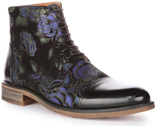 JUSTINREESS England Adam Herren-Stiefelette mit Schnürung, florales Leder, schwarzblau, 39 1/3 EU von JUSTINREESS ENGLAND