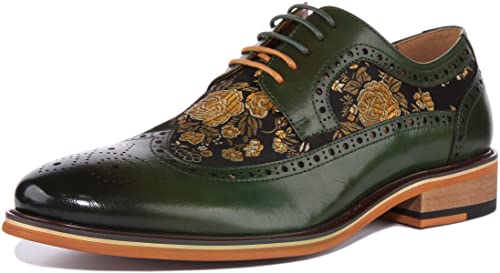 JUSTINREESS England Ross Herren Schnürschuh mit 5 Ösen, Leder, Brogue, Lochkleid, Flügelspitze, floraler Stoffeinsatz, Oxford, formelle elegante Business-Hochzeitsschuhe, grün, 48 EU von JUSTINREESS ENGLAND